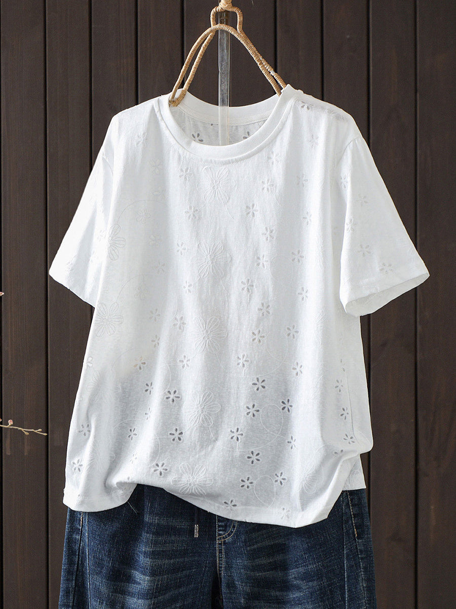Plus Size  Women Summer Embroidery Artsy Short Sleeve  T-Shirt