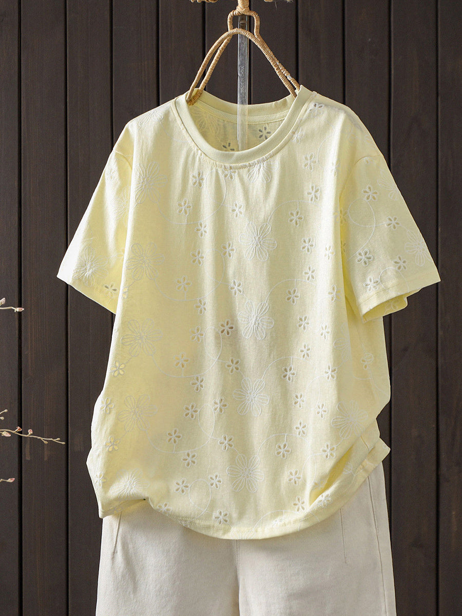 Plus Size  Women Summer Embroidery Artsy Short Sleeve  T-Shirt
