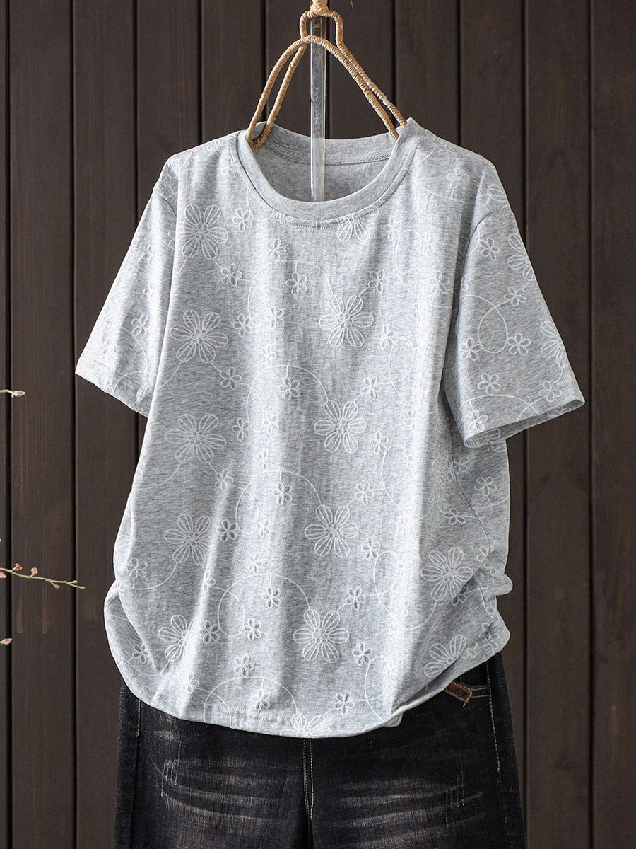 Plus Size  Women Summer Embroidery Artsy Short Sleeve  T-Shirt