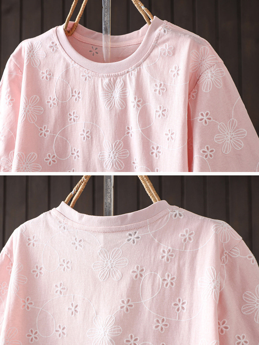 Plus Size  Women Summer Embroidery Artsy Short Sleeve  T-Shirt