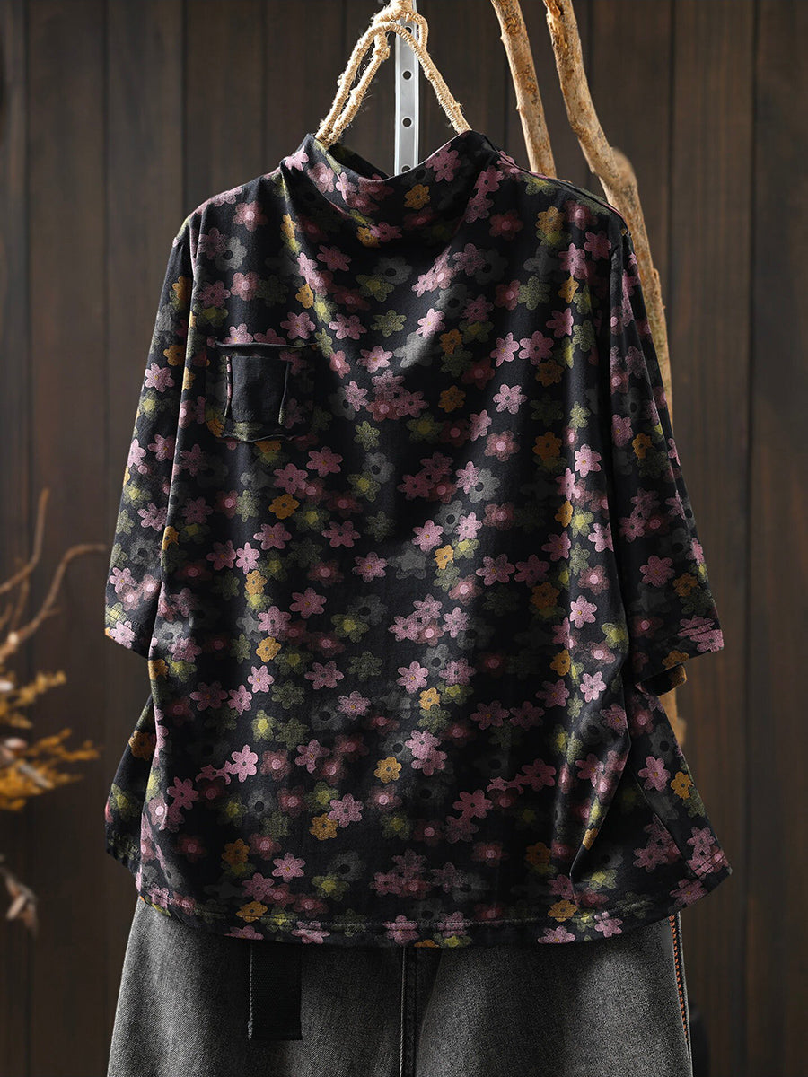 Women Early Fall Floral Artsy Half-Sleeve Cotton T-Shirt