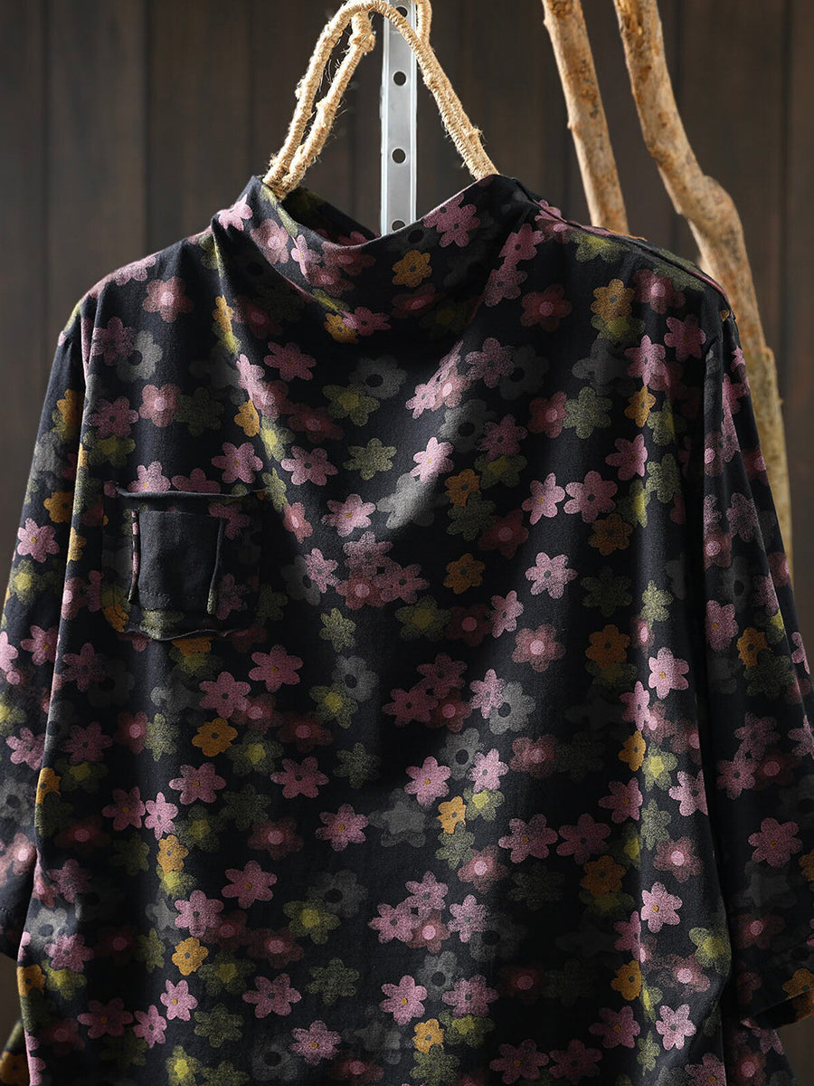 Women Early Fall Floral Artsy Half-Sleeve Cotton T-Shirt