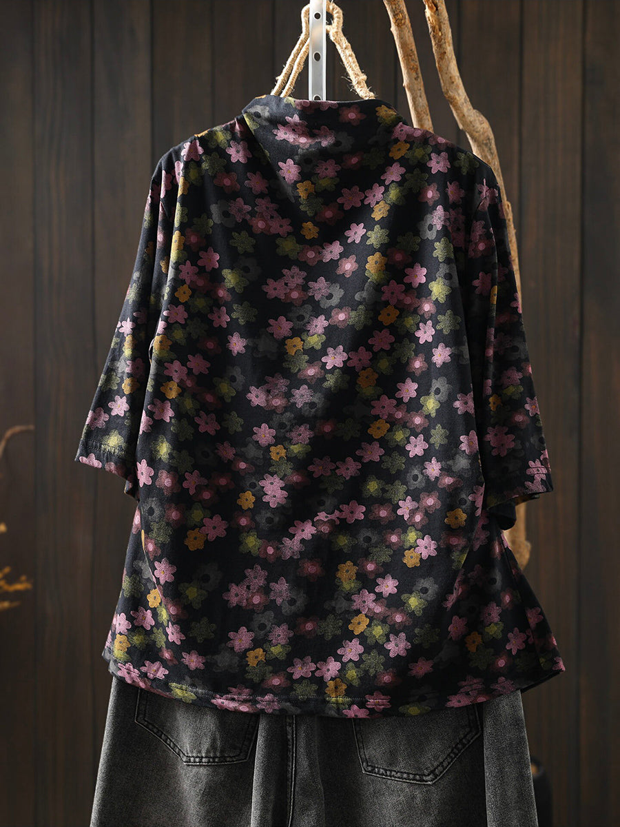 Women Early Fall Floral Artsy Half-Sleeve Cotton T-Shirt