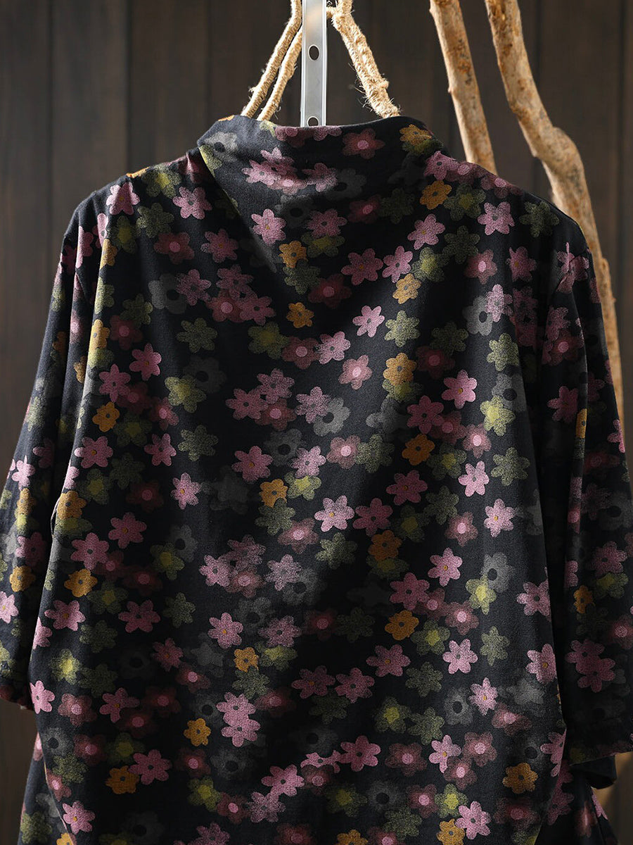 Women Early Fall Floral Artsy Half-Sleeve Cotton T-Shirt