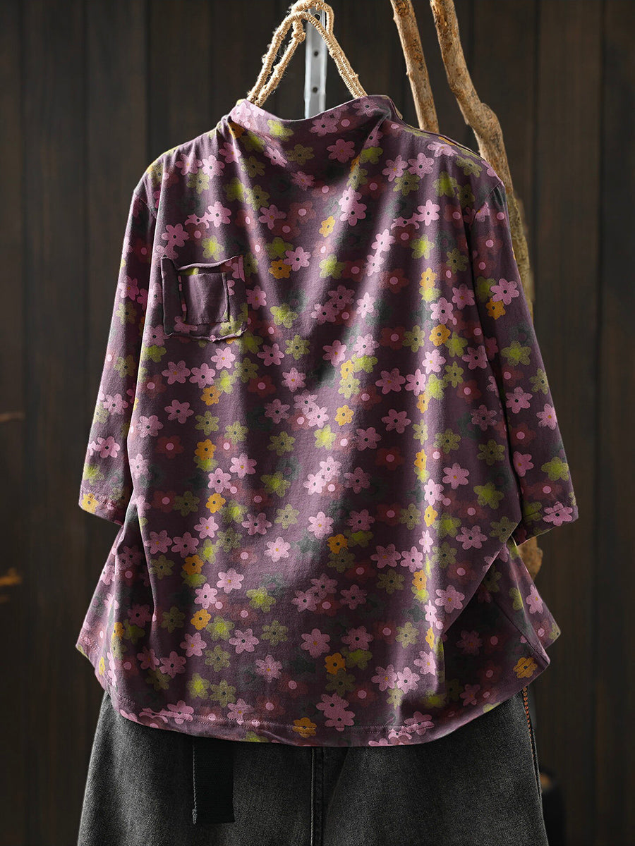 Women Early Fall Floral Artsy Half-Sleeve Cotton T-Shirt