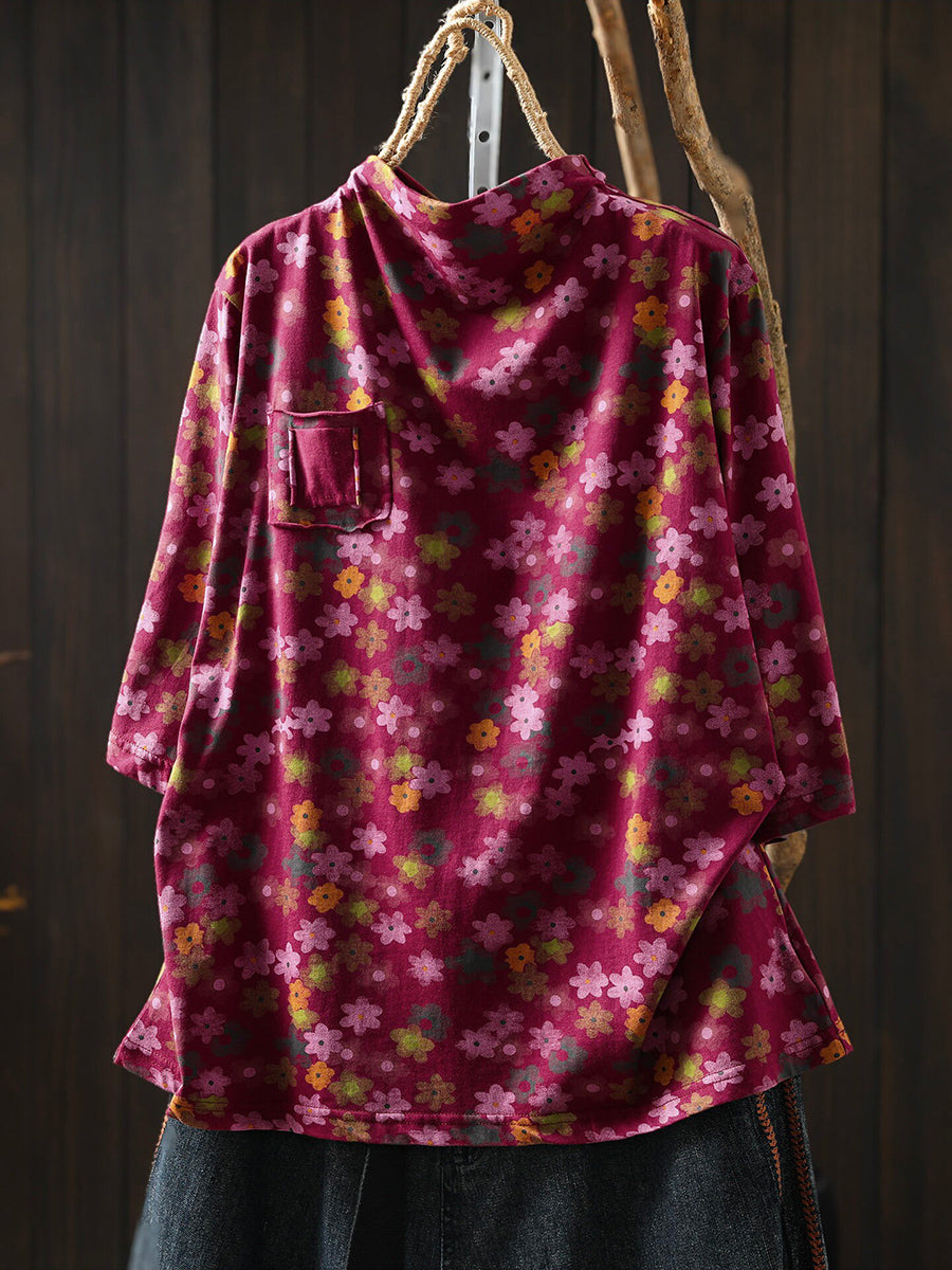 Women Early Fall Floral Artsy Half-Sleeve Cotton T-Shirt
