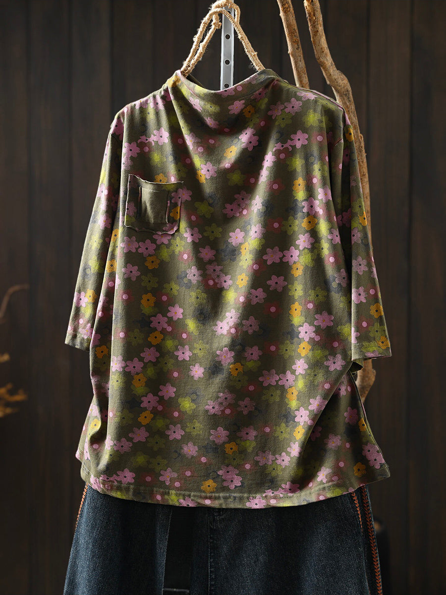 Women Early Fall Floral Artsy Half-Sleeve Cotton T-Shirt