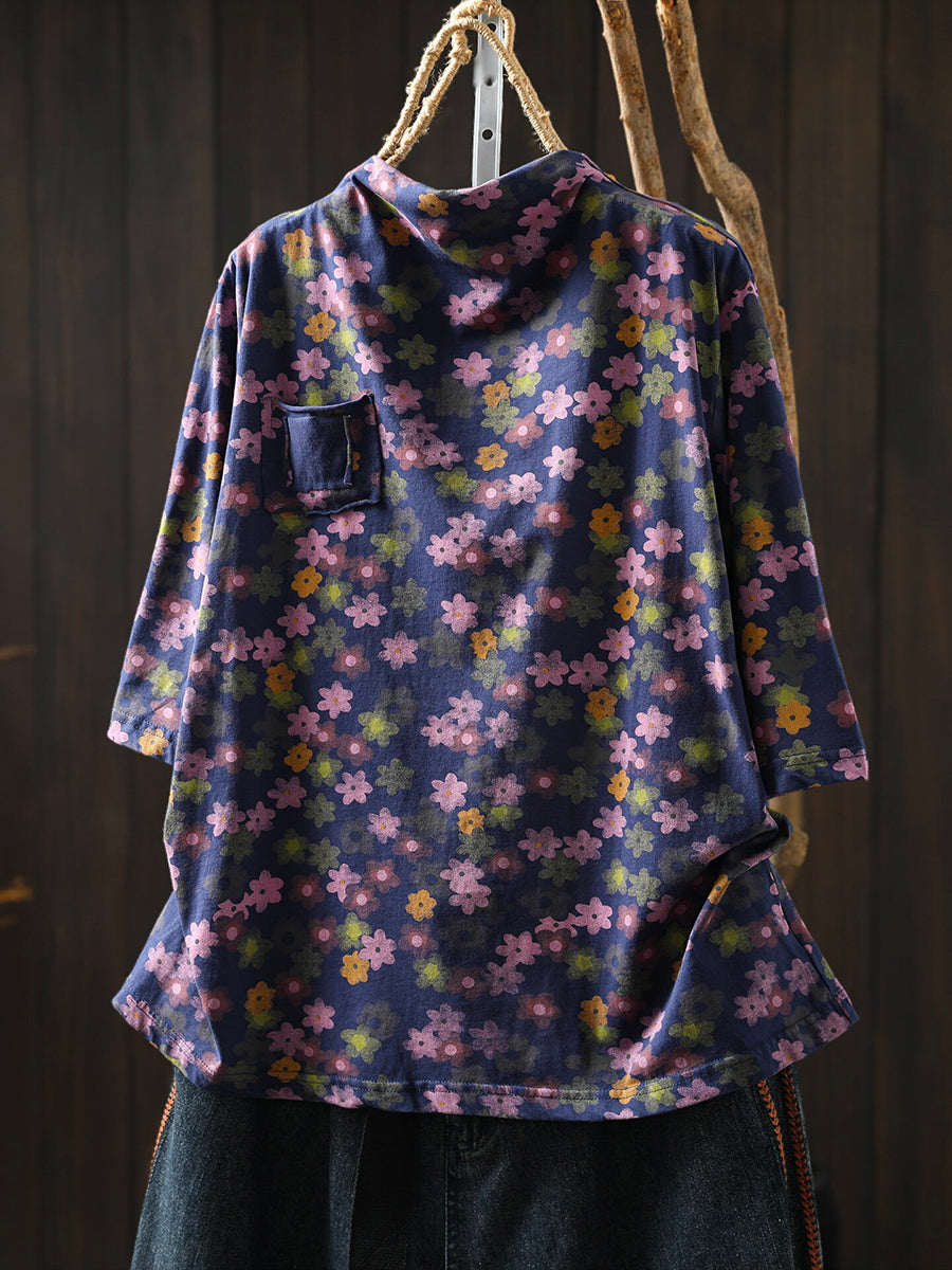 Women Early Fall Floral Artsy Half-Sleeve Cotton T-Shirt