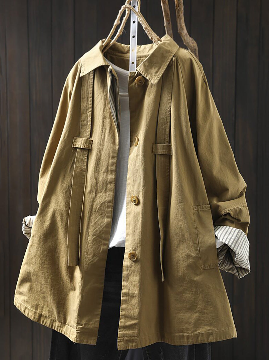Women Casual Pure Color Mid Length Loose Cotton Coat