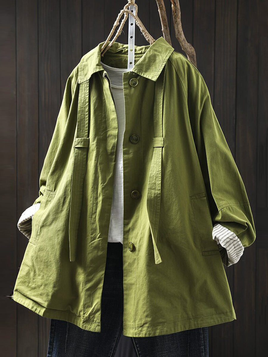 Women Casual Pure Color Mid Length Loose Cotton Coat