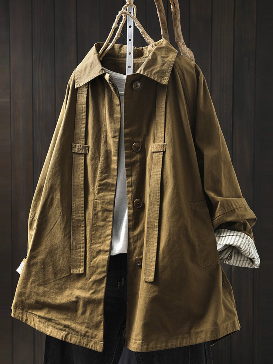 Women Casual Pure Color Mid Length Loose Cotton Coat