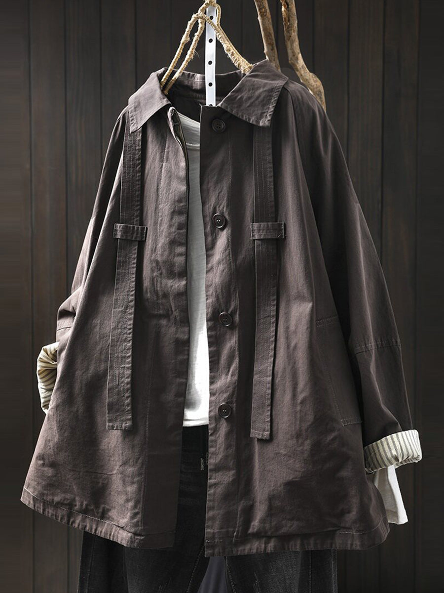 Women Casual Pure Color Mid Length Loose Cotton Coat