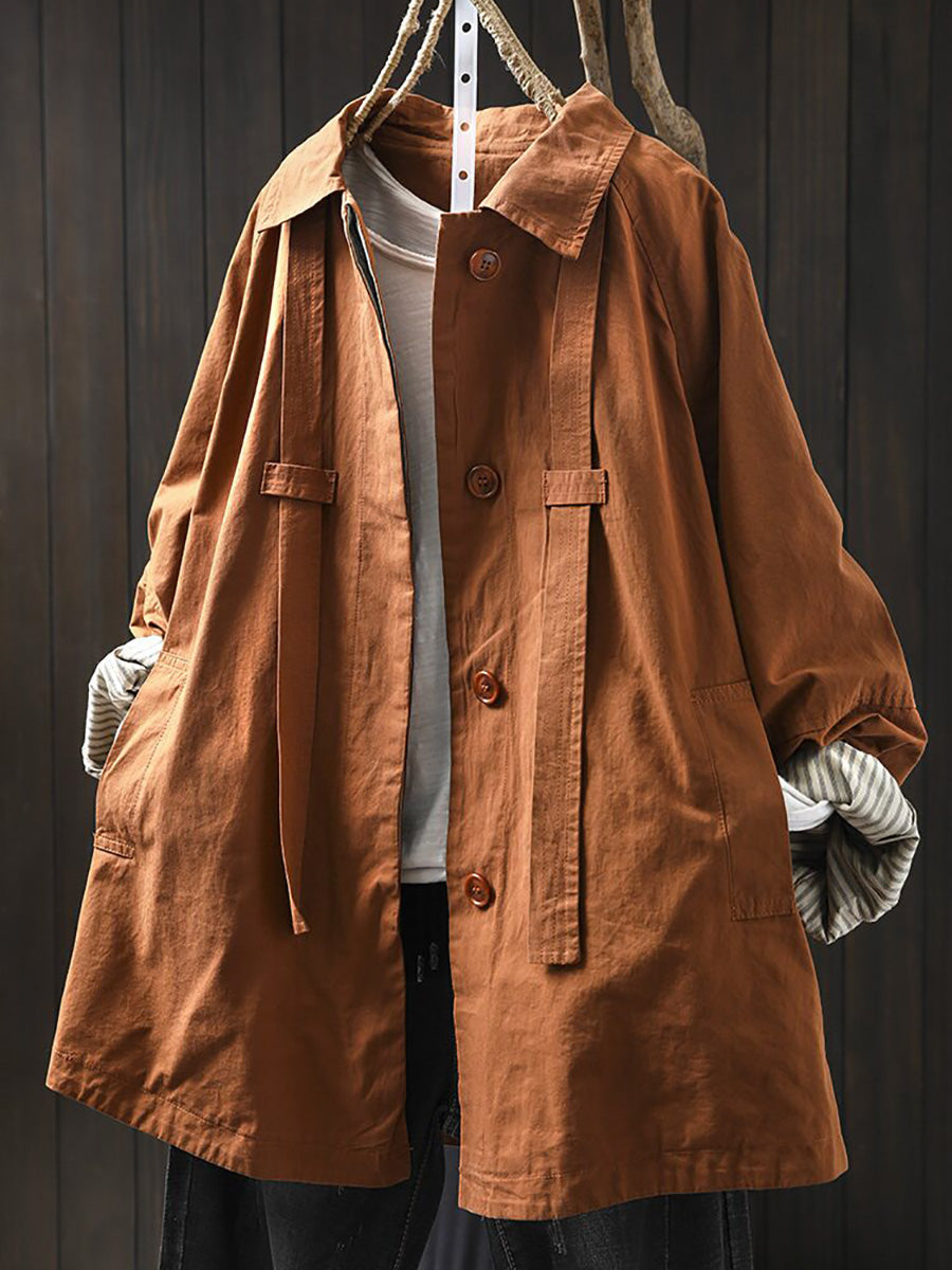 Women Casual Pure Color Mid Length Loose Cotton Coat