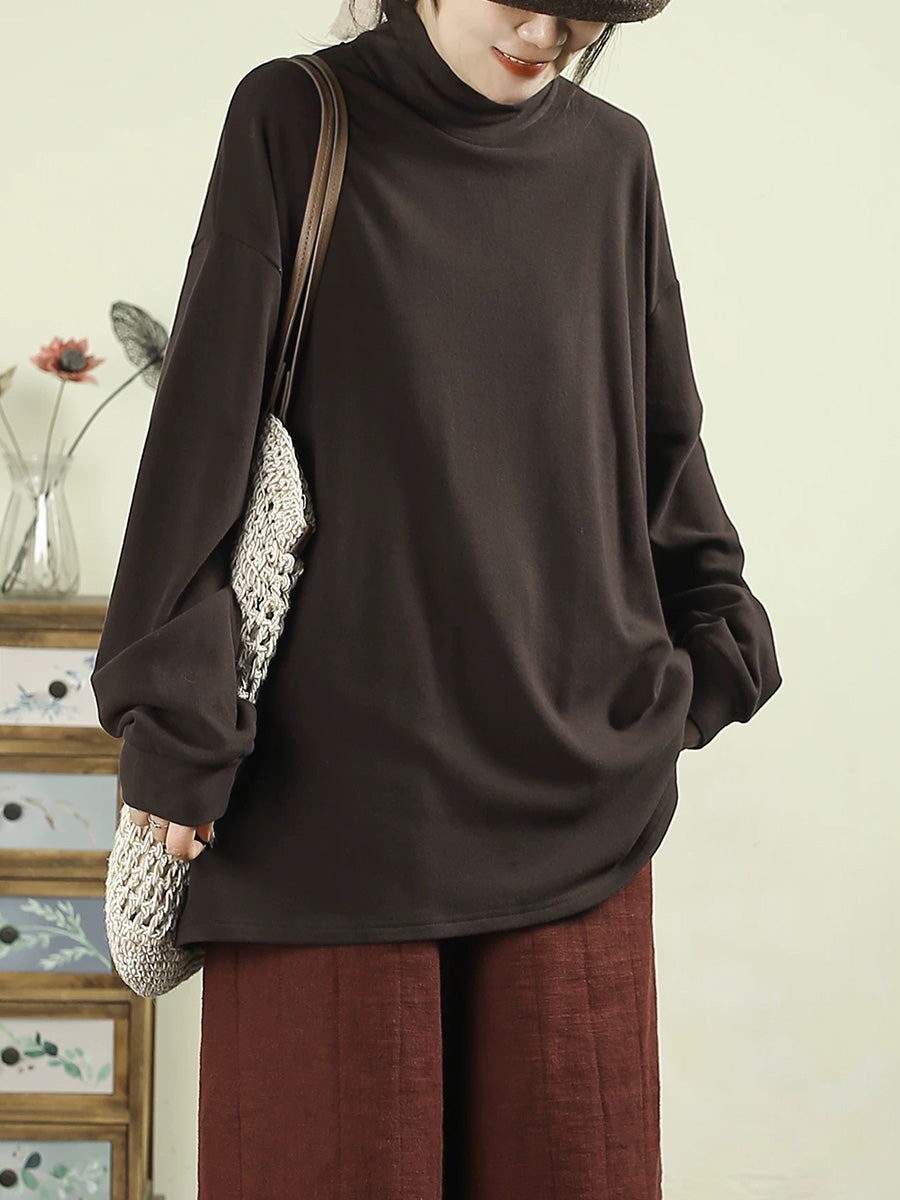 Women Fall Artsy Solid Color Mock Neck Long Sleeve T-Shirt