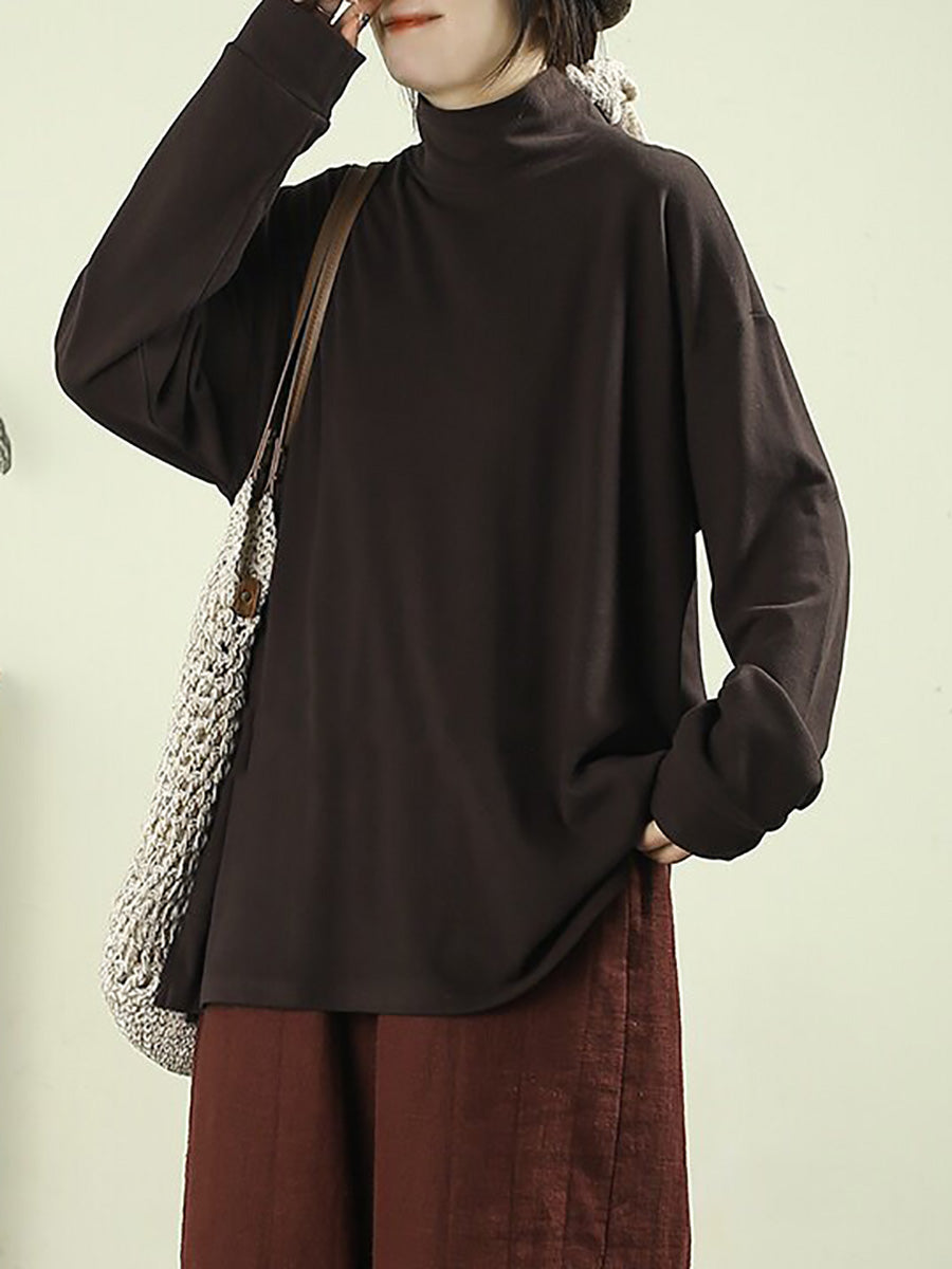 Women Fall Artsy Solid Color Mock Neck Long Sleeve T-Shirt