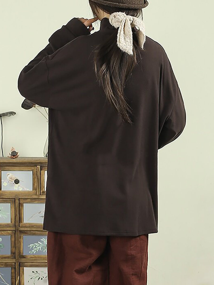 Women Fall Artsy Solid Color Mock Neck Long Sleeve T-Shirt