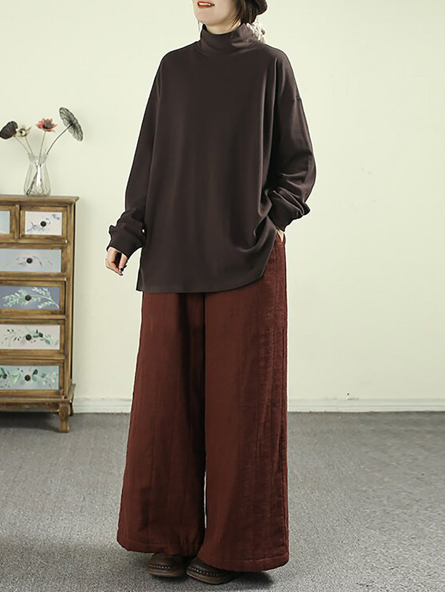 Women Fall Artsy Solid Color Mock Neck Long Sleeve T-Shirt
