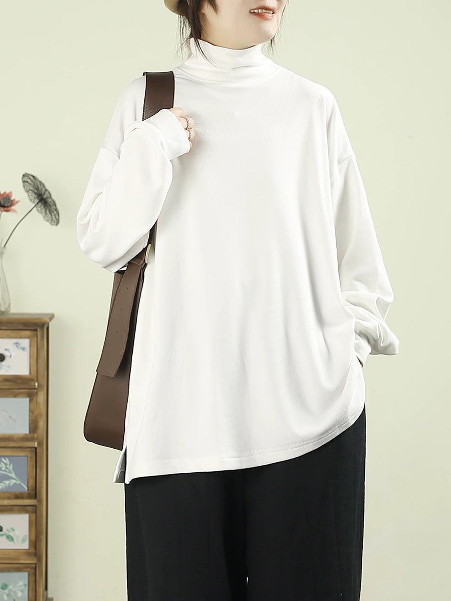 Women Fall Artsy Solid Color Mock Neck Long Sleeve T-Shirt