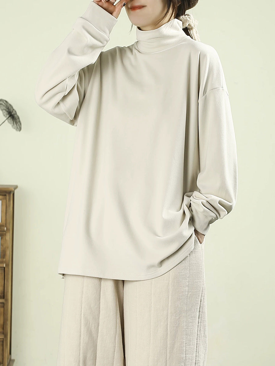 Women Fall Artsy Solid Color Mock Neck Long Sleeve T-Shirt