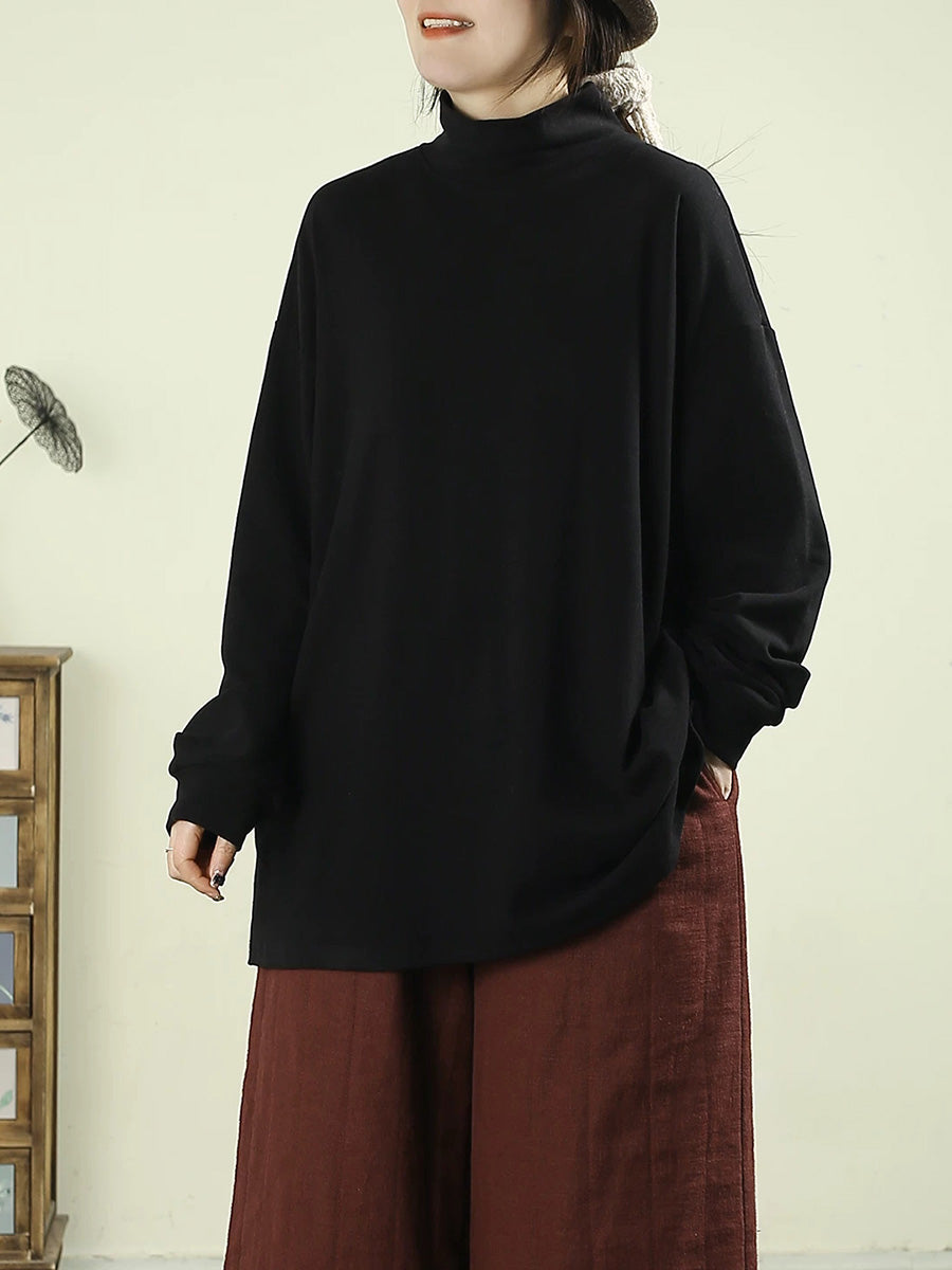 Women Fall Artsy Solid Color Mock Neck Long Sleeve T-Shirt