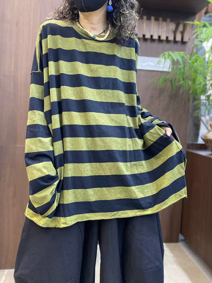 Women Fall Artsy Stripe Loose Long Sleeve T-Shirt