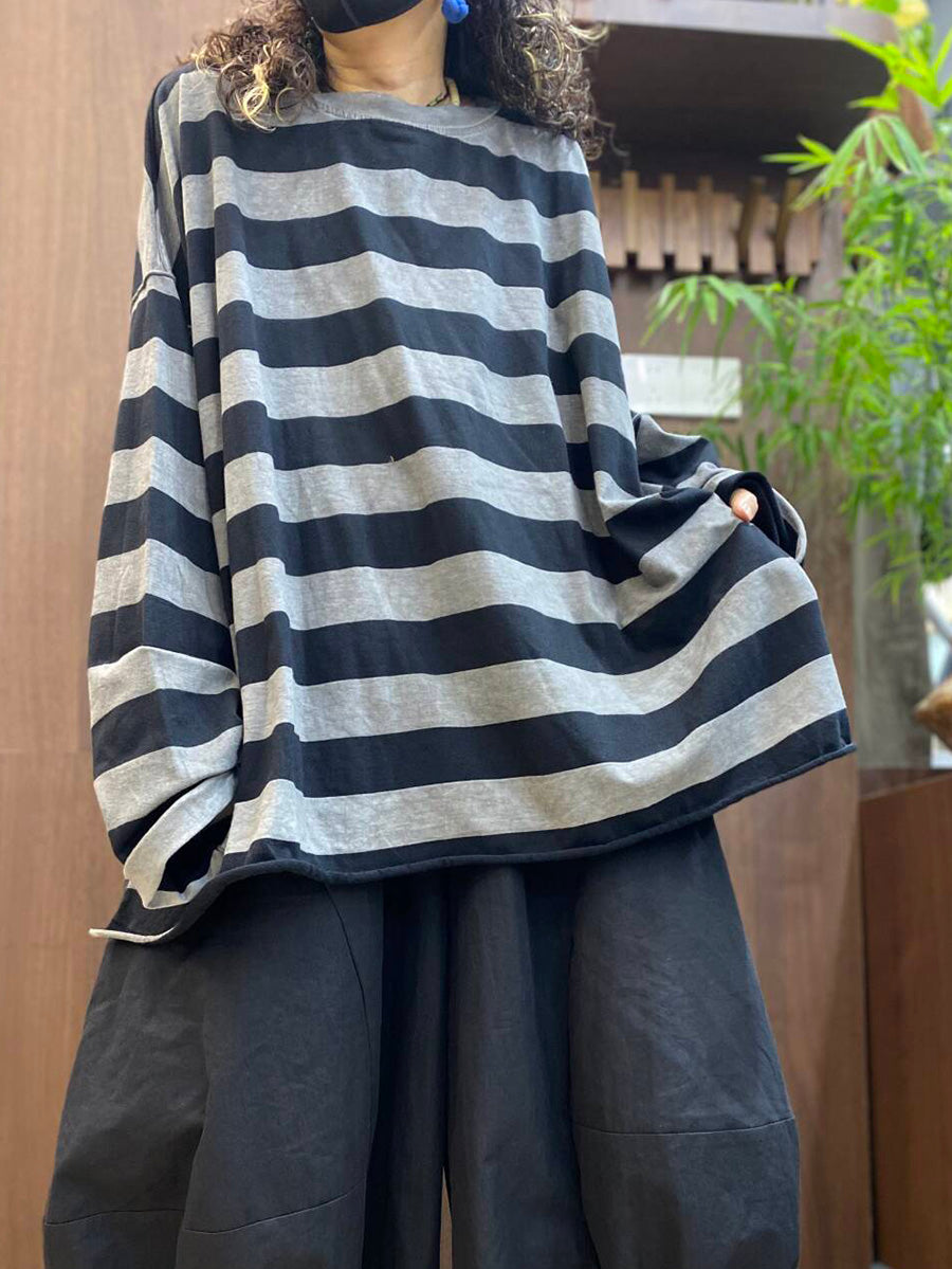 Women Fall Artsy Stripe Loose Long Sleeve T-Shirt