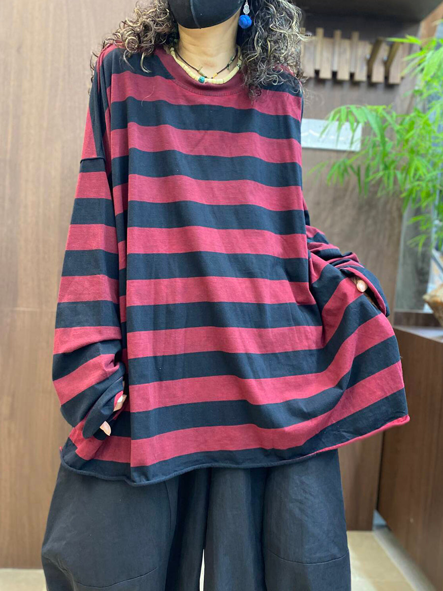 Women Fall Artsy Stripe Loose Long Sleeve T-Shirt