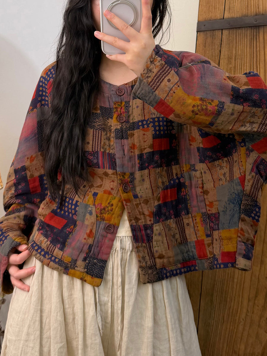 Women Fall Vintage Printed Long Sleeve Cotton Short Jacket
