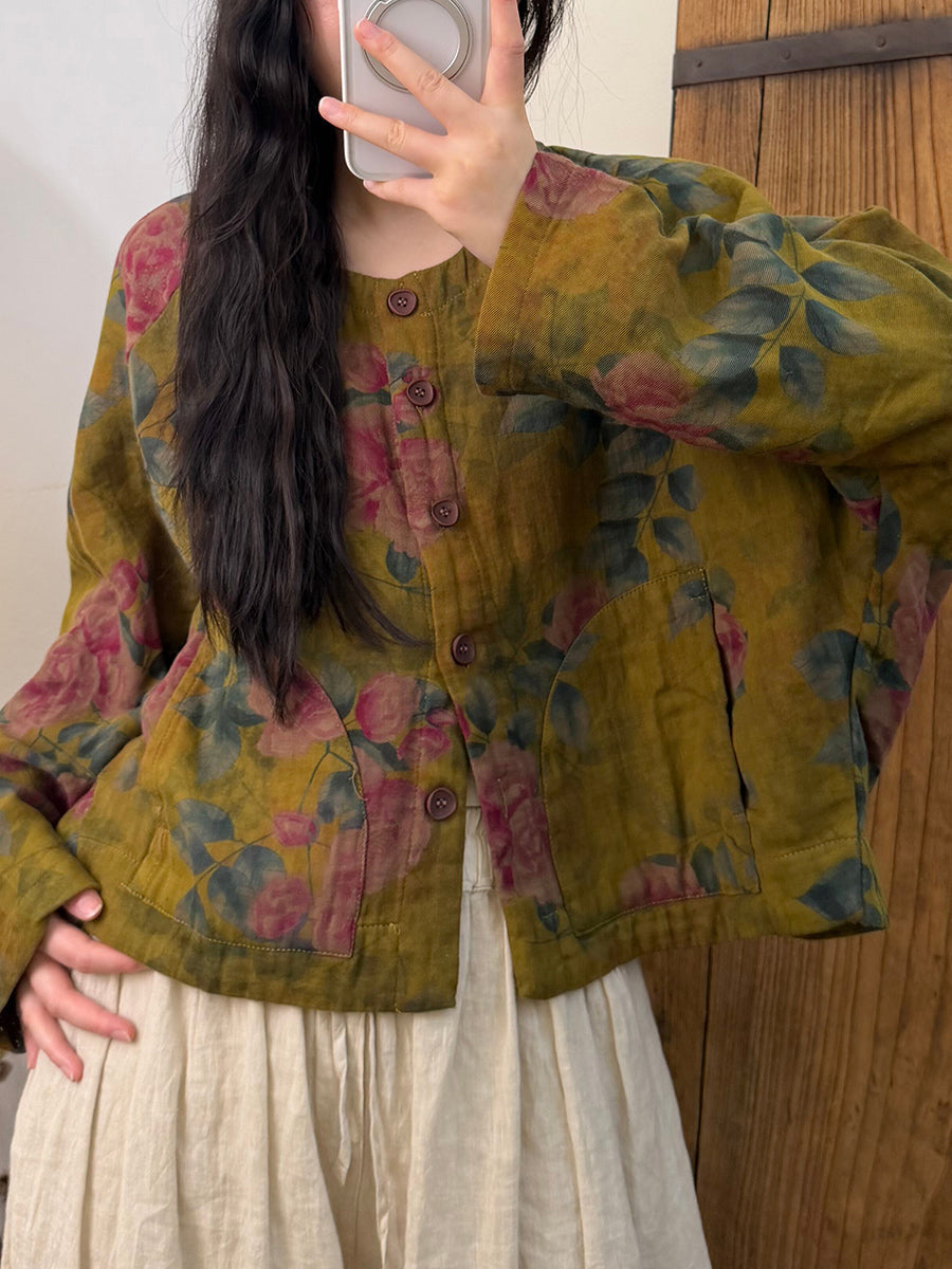 Women Fall Vintage Printed Long Sleeve Cotton Short Jacket