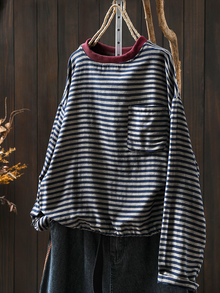 Women Color-Block Collar Striped Single Pocket Sweatshirt