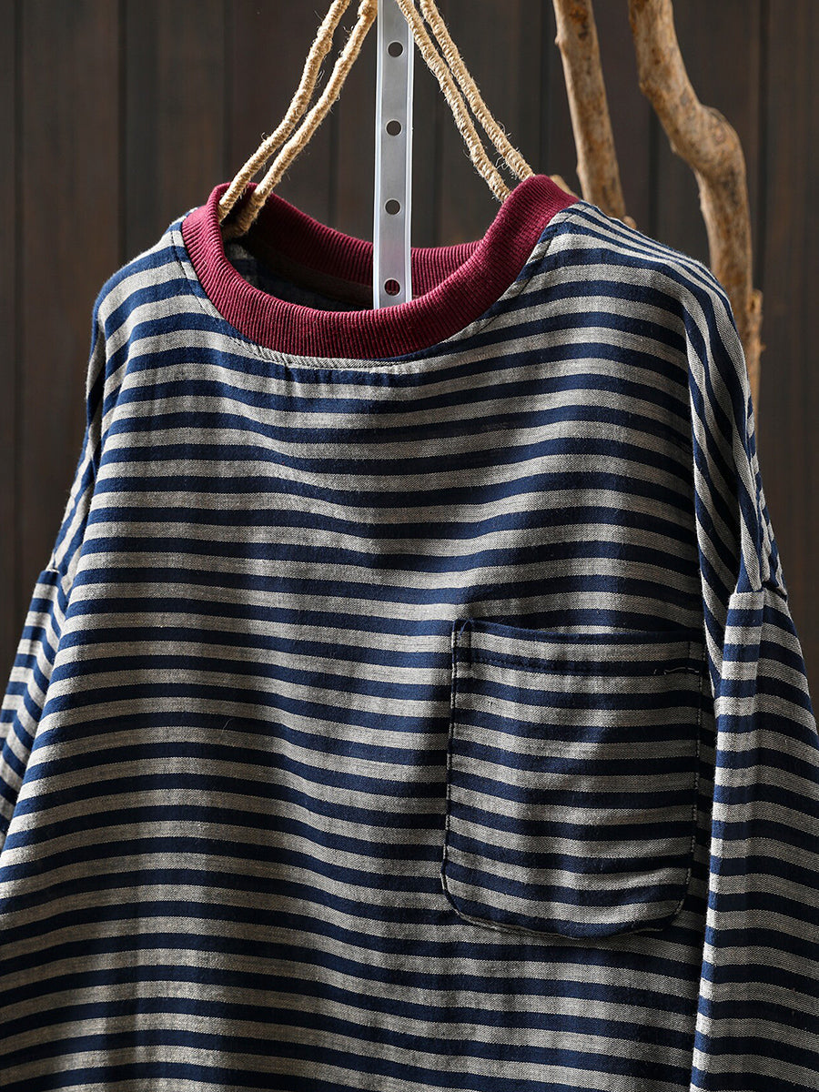 Women Color-Block Collar Striped Single Pocket Sweatshirt