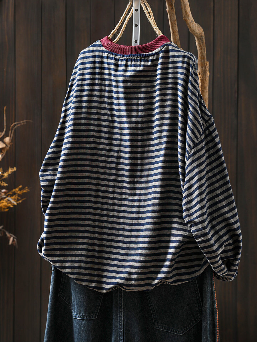 Women Color-Block Collar Striped Single Pocket Sweatshirt