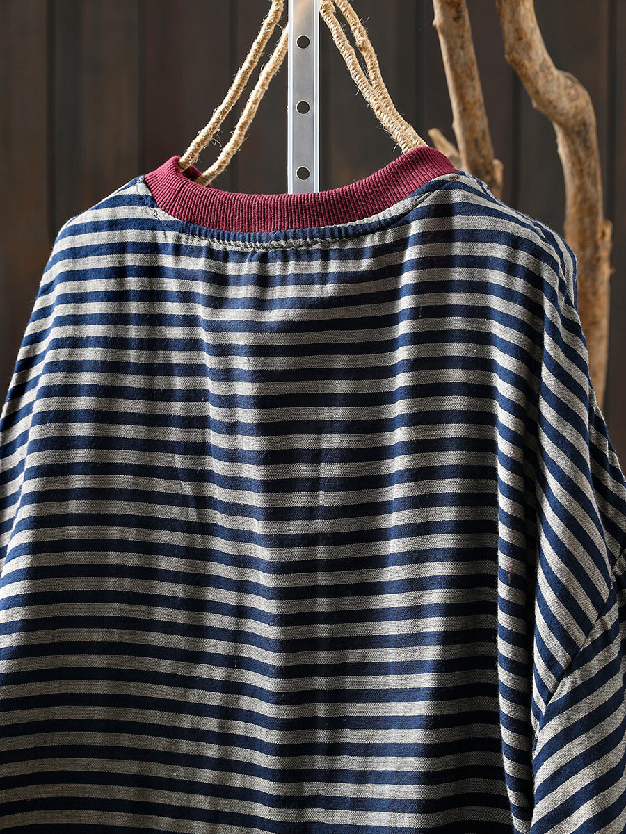 Women Color-Block Collar Striped Single Pocket Sweatshirt