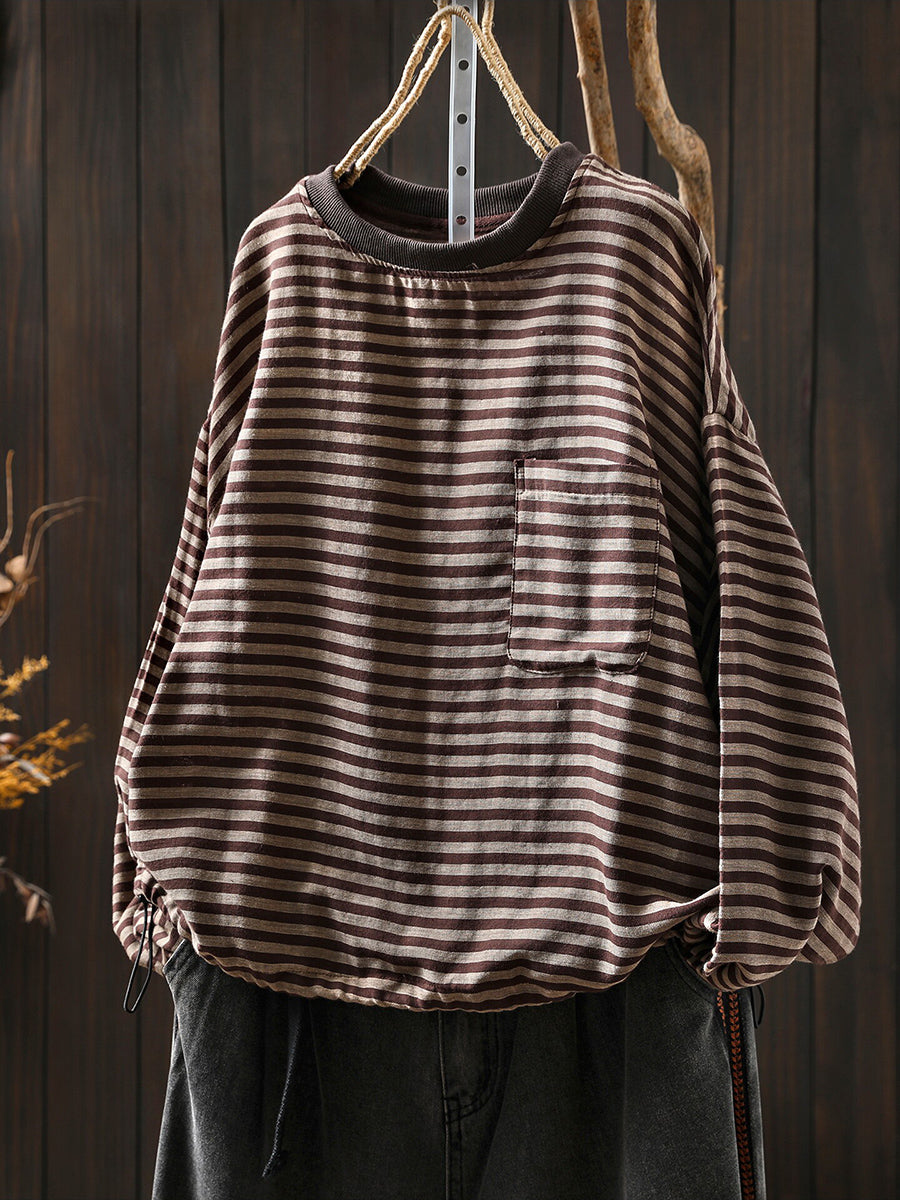 Women Color-Block Collar Striped Single Pocket Sweatshirt