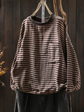Women Color-Block Collar Striped Single Pocket Sweatshirt