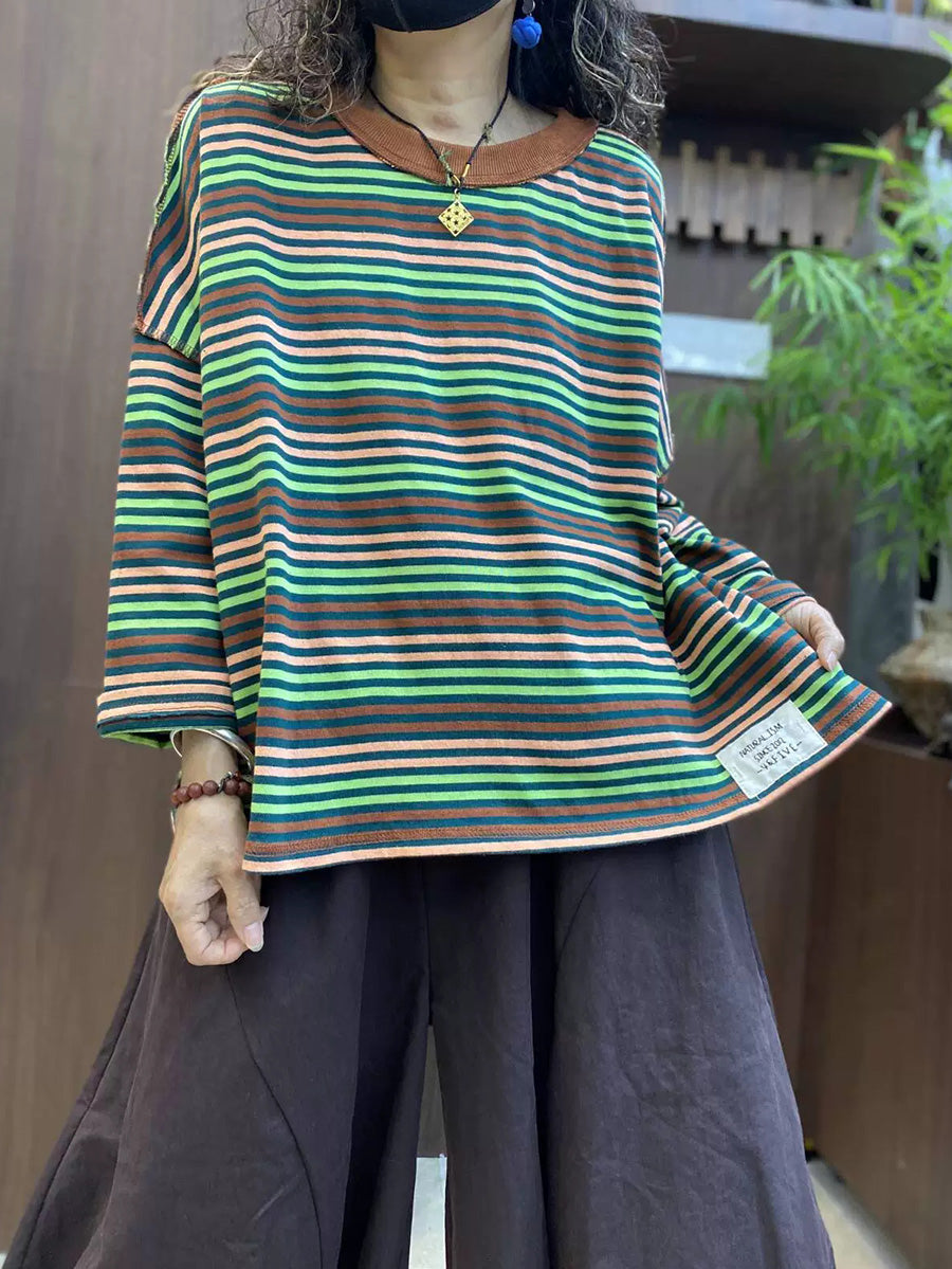 Women Fall Striped Vintage Long Sleeve T-Shirt