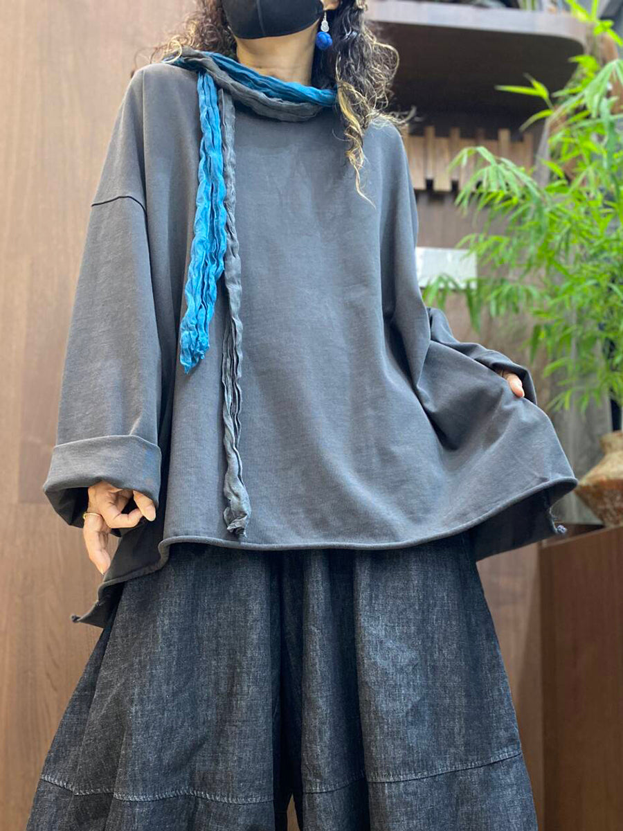 Women Autumn Relaxed Fit Raw Edge Long Sleeve Casual Tee
