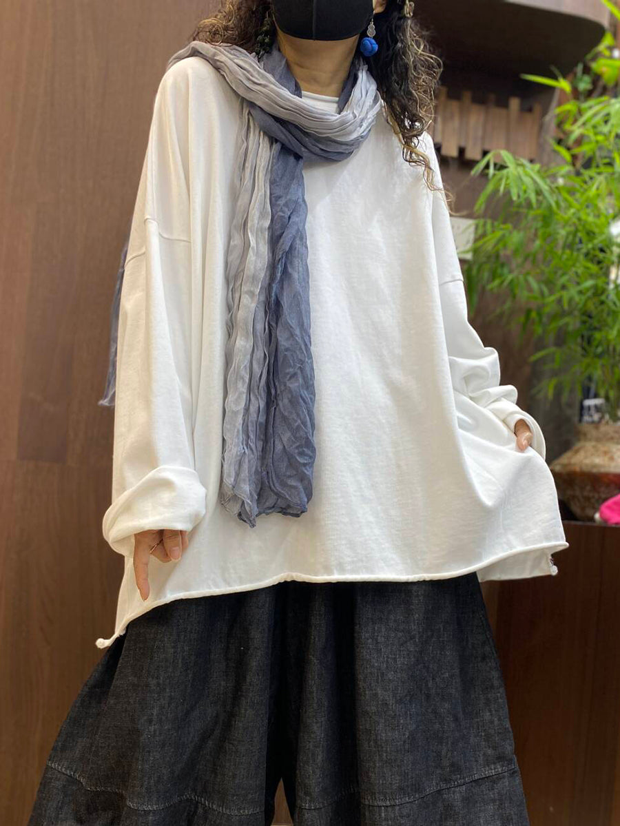 Women Autumn Relaxed Fit Raw Edge Long Sleeve Casual Tee