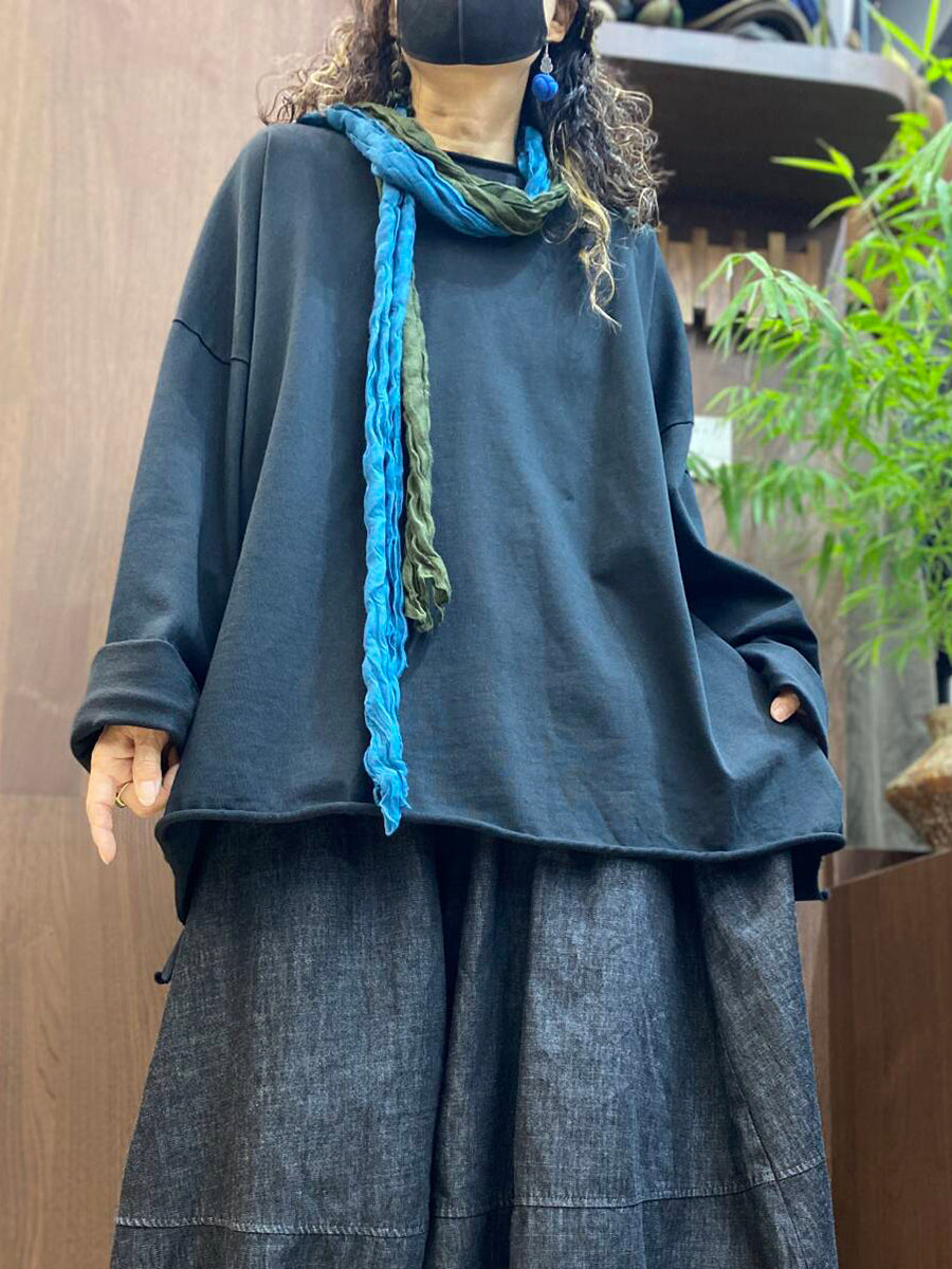 Women Autumn Relaxed Fit Raw Edge Long Sleeve Casual Tee