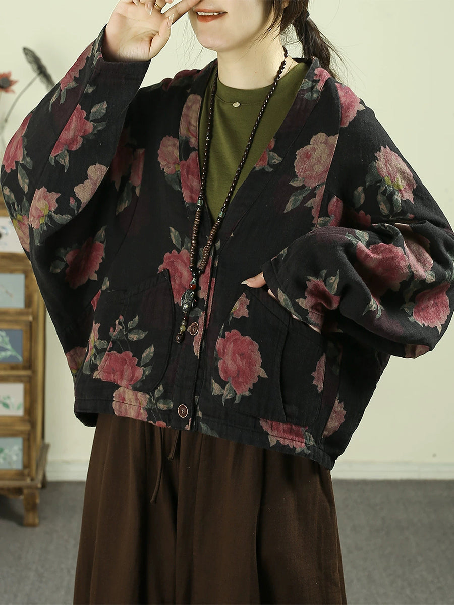 Women Vintage Floral Print Batwing Sleeve V-Neck Short Jacket