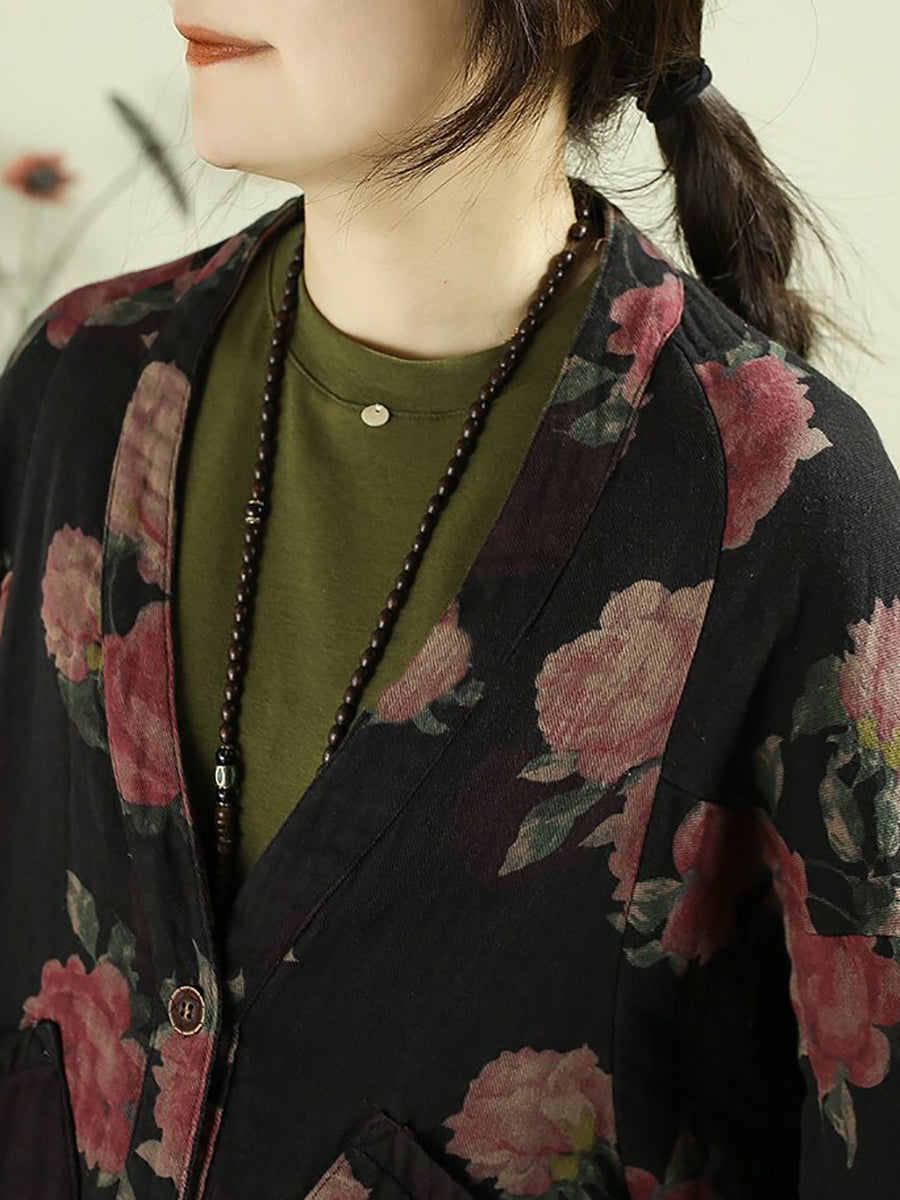 Women Vintage Floral Print Batwing Sleeve V-Neck Short Jacket
