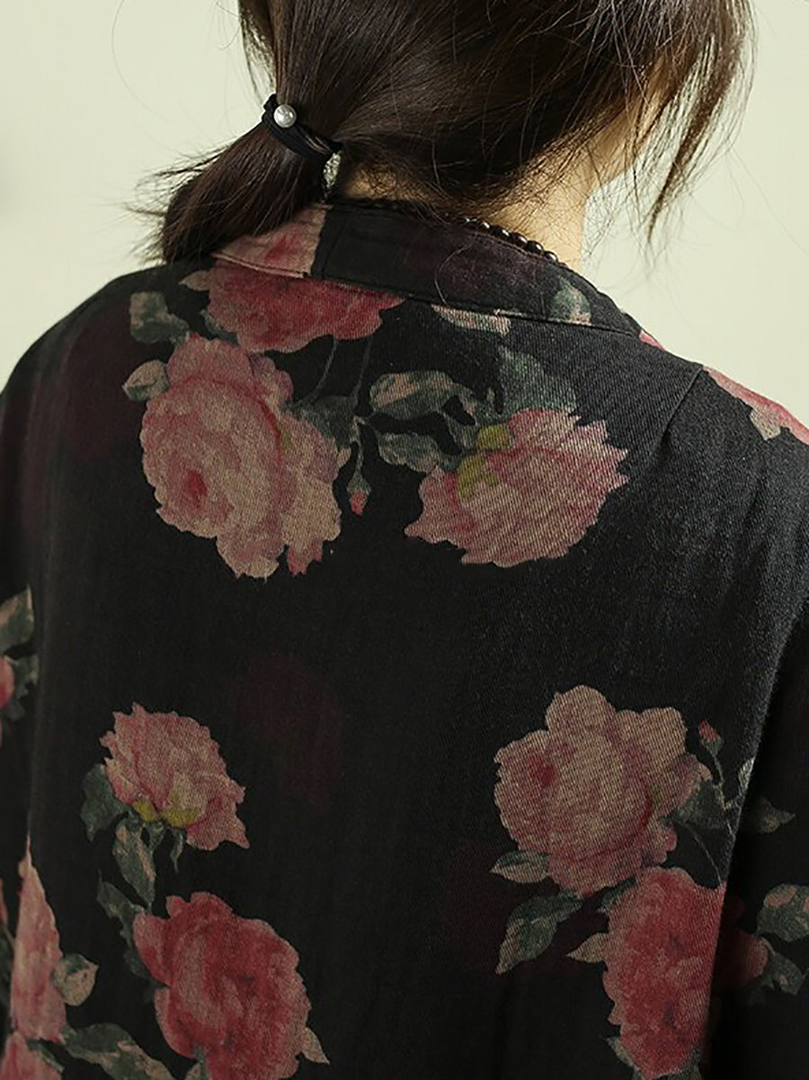 Women Vintage Floral Print Batwing Sleeve V-Neck Short Jacket