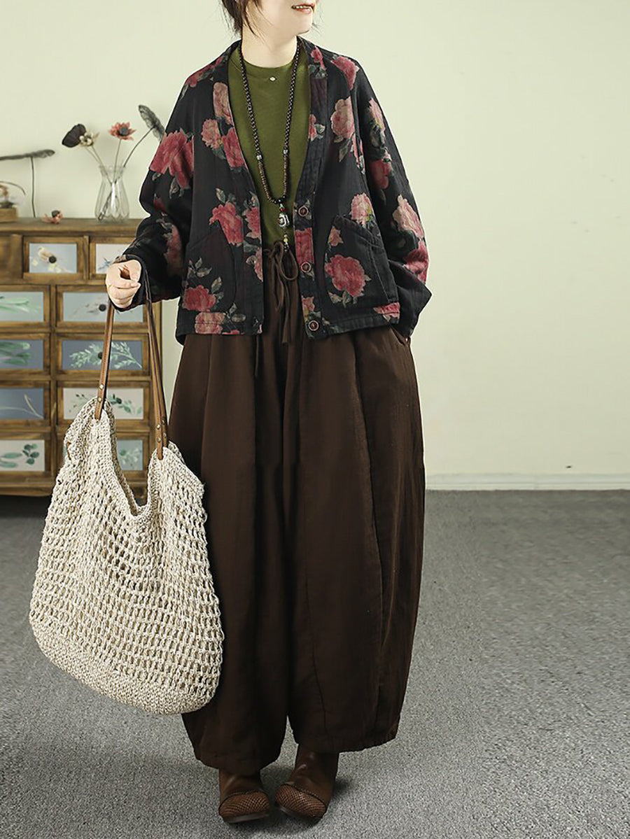 Women Vintage Floral Print Batwing Sleeve V-Neck Short Jacket