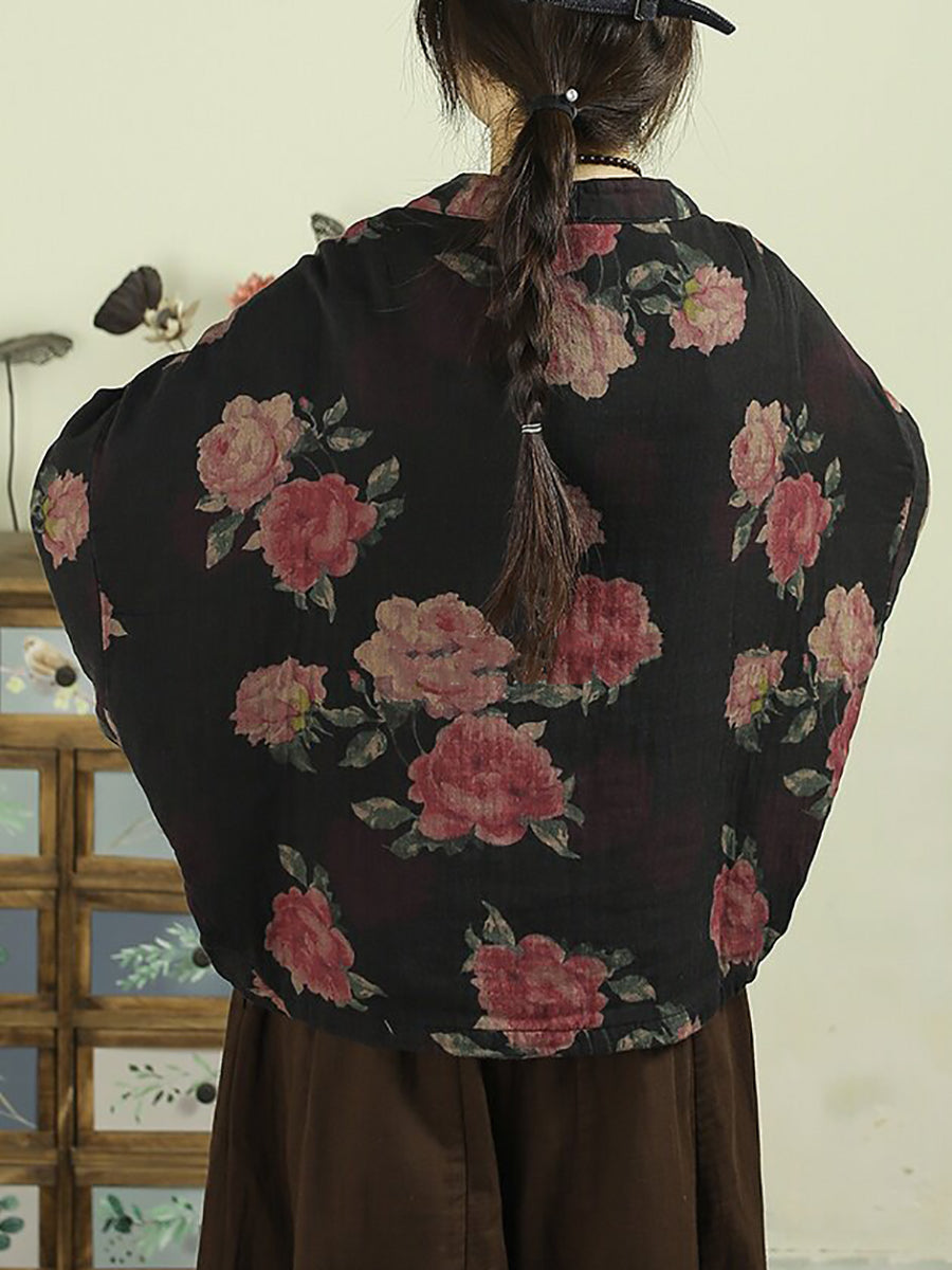 Women Vintage Floral Print Batwing Sleeve V-Neck Short Jacket