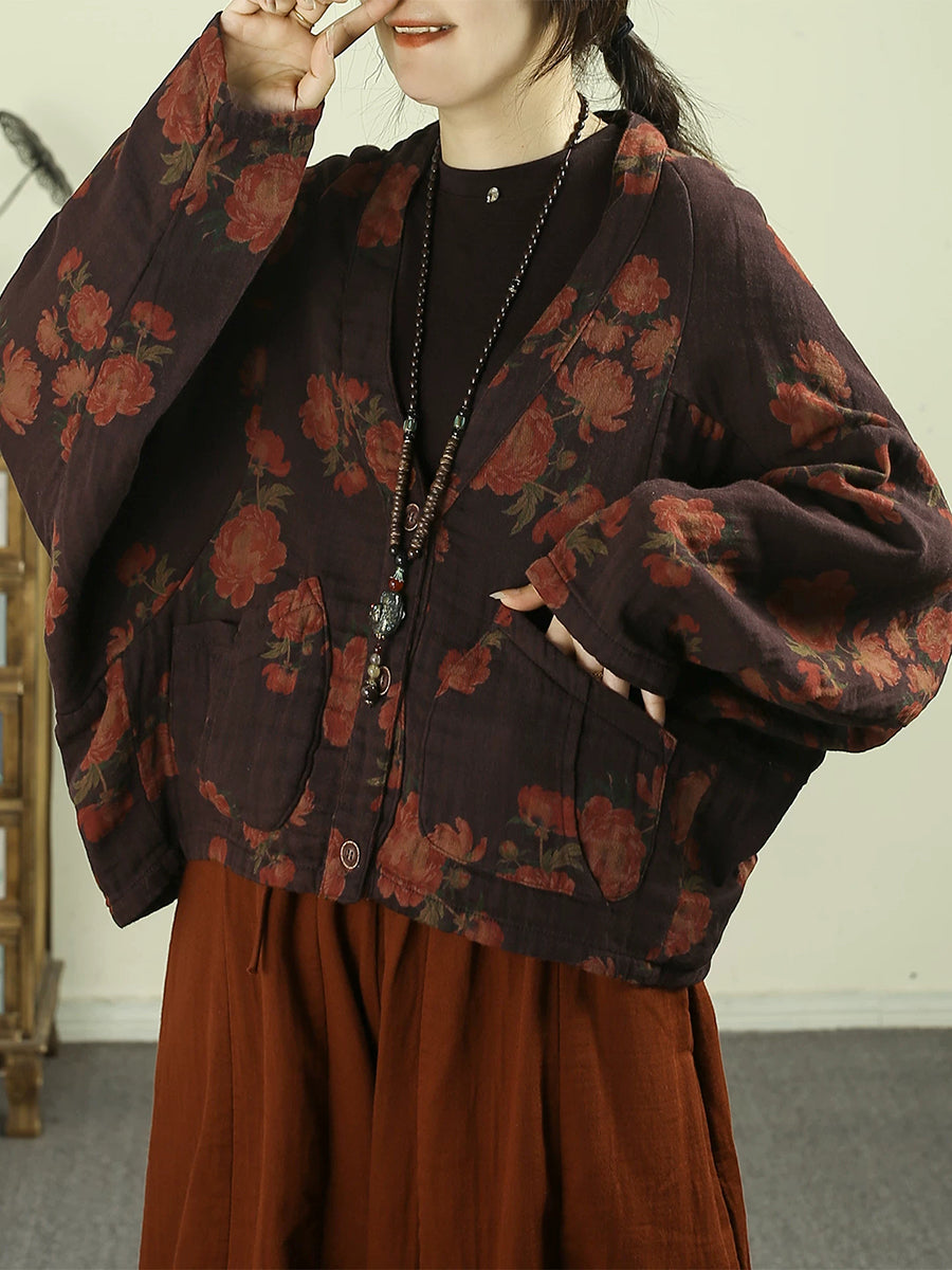 Women Vintage Floral Print Batwing Sleeve V-Neck Short Jacket