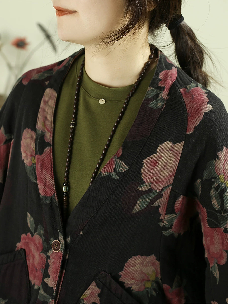 Women Vintage Floral Print Batwing Sleeve V-Neck Short Jacket