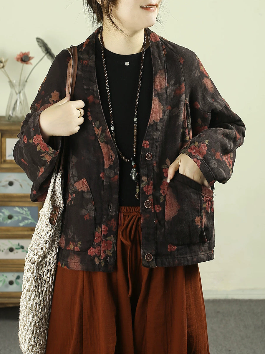 Women Vintage Floral Print Batwing Sleeve V-Neck Short Jacket