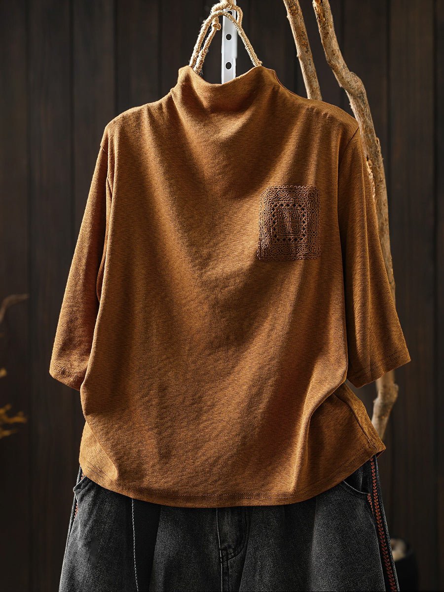 Women Early Autumn Half-Sleeve Mock Neck T-Shirt –Versatile Casual Base Layer