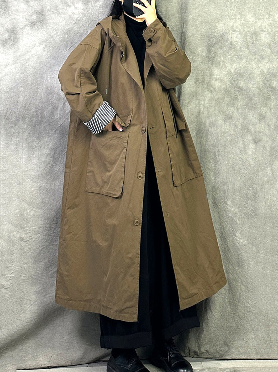 Women Autumn Casual Loose Hooded Cotton Long Coat