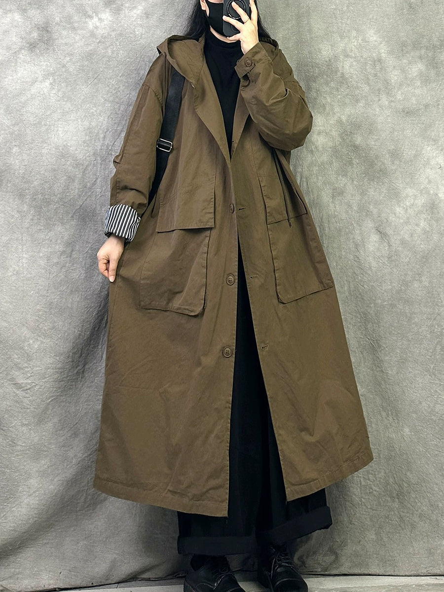 Women Autumn Casual Loose Hooded Cotton Long Coat